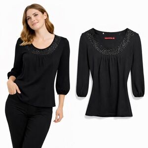 RED Womens Black Sequin Scoop Neck 3/4 Sleeve Knit Blouse Top Size M